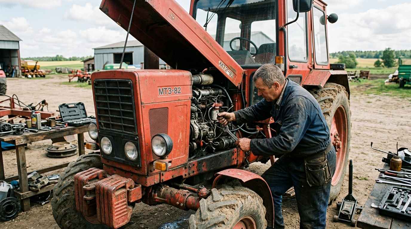 механик ремонтирует мтз 82